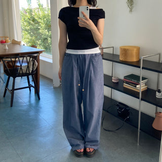 Seersucker pintuck striped Benz pocket pajama pants vacation look