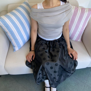 Drape Off-Shoulder Sleeveless Layered Cut-off Stretch Short-Sleeve T-Shirt Delicate Fit