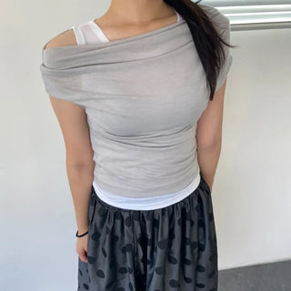 Drape Off-Shoulder Sleeveless Layered Cut-off Stretch Short-Sleeve T-Shirt Delicate Fit