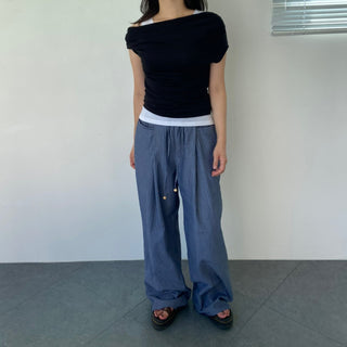 Drape Off-Shoulder Sleeveless Layered Cut-off Stretch Short-Sleeve T-Shirt Delicate Fit