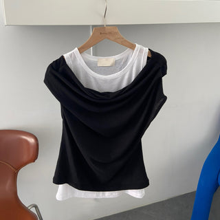 Drape Off-Shoulder Sleeveless Layered Cut-off Stretch Short-Sleeve T-Shirt Delicate Fit