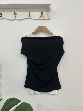 Drape Off-Shoulder Sleeveless Layered Cut-off Stretch Short-Sleeve T-Shirt Delicate Fit