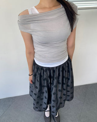 Drape Off-Shoulder Sleeveless Layered Cut-off Stretch Short-Sleeve T-Shirt Delicate Fit