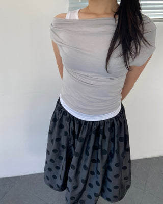 Drape Off-Shoulder Sleeveless Layered Cut-off Stretch Short-Sleeve T-Shirt Delicate Fit