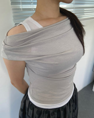 Drape Off-Shoulder Sleeveless Layered Cut-off Stretch Short-Sleeve T-Shirt Delicate Fit