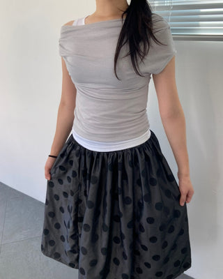 Drape Off-Shoulder Sleeveless Layered Cut-off Stretch Short-Sleeve T-Shirt Delicate Fit