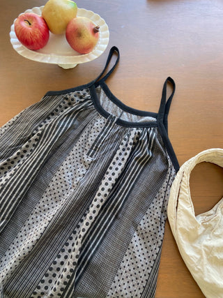 Vintage Dot Stripe Mix Sleeveless Strap Blouse