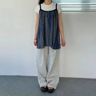 Vintage Dot Stripe Mix Sleeveless Strap Blouse