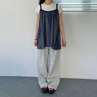 Vintage Dot Stripe Mix Sleeveless Strap Blouse
