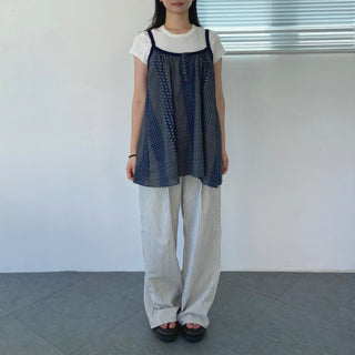Vintage Dot Stripe Mix Sleeveless Strap Blouse