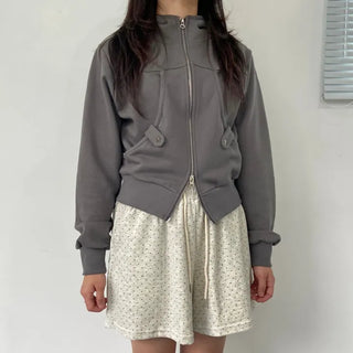 Star Stud Buckle Two-Way Zipper Zip-Up Hoodie Crop