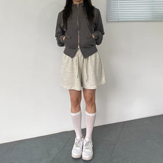 Star Stud Buckle Two-Way Zipper Zip-Up Hoodie Crop