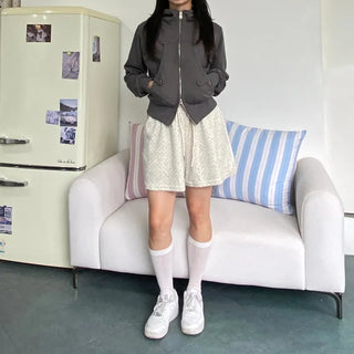 Star Stud Buckle Two-Way Zipper Zip-Up Hoodie Crop