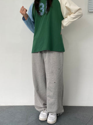 Eyelet Cubic Terry Balloon Elastic Waist Pants Wide Jogger Pants