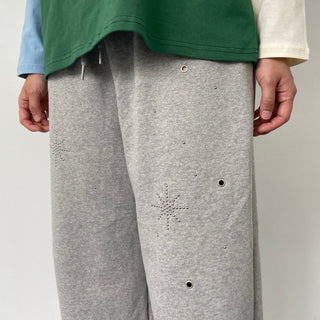 Eyelet Cubic Terry Balloon Elastic Waist Pants Wide Jogger Pants