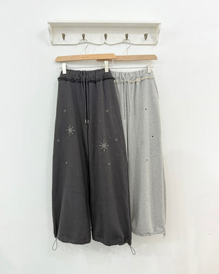 Eyelet Cubic Terry Balloon Elastic Waist Pants Wide Jogger Pants