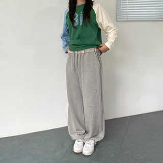 Eyelet Cubic Terry Balloon Elastic Waist Pants Wide Jogger Pants