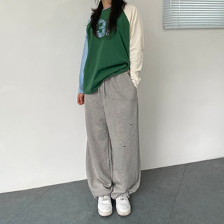 Eyelet Cubic Terry Balloon Elastic Waist Pants Wide Jogger Pants