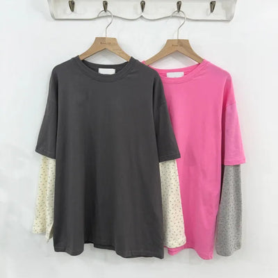 Small Floral Color Block Layered Boxy T-shirt Floral Long Sleeve Tee