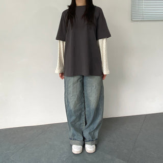 Small Floral Color Block Layered Boxy T-shirt Floral Long Sleeve Tee