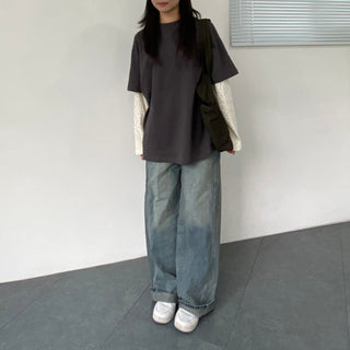 Small Floral Color Block Layered Boxy T-shirt Floral Long Sleeve Tee