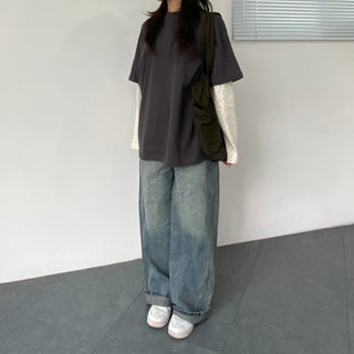 Small Floral Color Block Layered Boxy T-shirt Floral Long Sleeve Tee