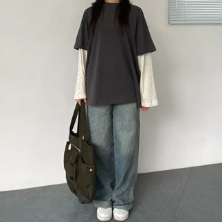 Small Floral Color Block Layered Boxy T-shirt Floral Long Sleeve Tee