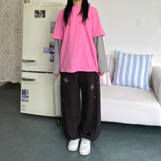 Small Floral Color Block Layered Boxy T-shirt Floral Long Sleeve Tee