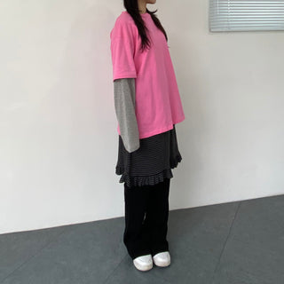Small Floral Color Block Layered Boxy T-shirt Floral Long Sleeve Tee