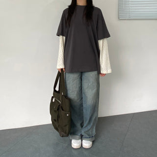 Small Floral Color Block Layered Boxy T-shirt Floral Long Sleeve Tee