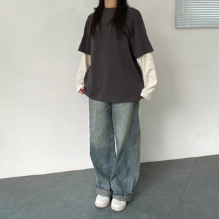 Small Floral Color Block Layered Boxy T-shirt Floral Long Sleeve Tee