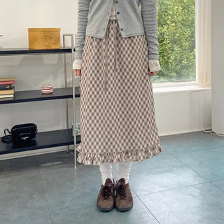 Ribbon check frill long skirt autumn pencil skirt elastic H-line skirt