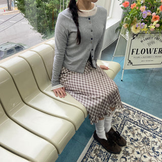 Ribbon check frill long skirt autumn pencil skirt elastic H-line skirt