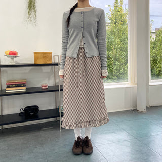 Ribbon check frill long skirt autumn pencil skirt elastic H-line skirt