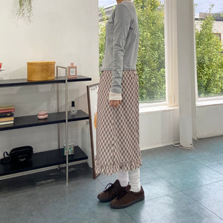 Ribbon check frill long skirt autumn pencil skirt elastic H-line skirt
