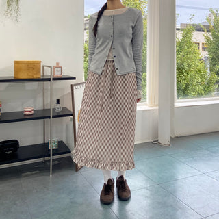 Ribbon check frill long skirt autumn pencil skirt elastic H-line skirt