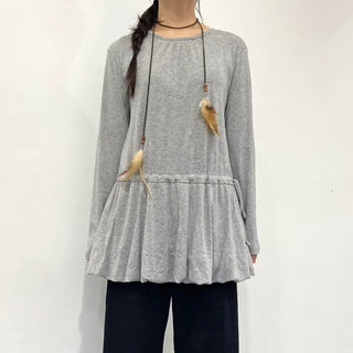 Ribbon Shirred Pumpkin Dress Tee Balloon Long T-shirt Layered Long Sleeve