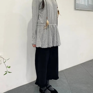 Ribbon Shirred Pumpkin Dress Tee Balloon Long T-shirt Layered Long Sleeve