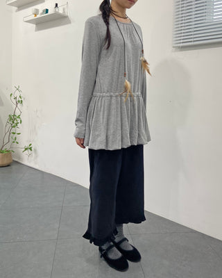 Ribbon Shirred Pumpkin Dress Tee Balloon Long T-shirt Layered Long Sleeve