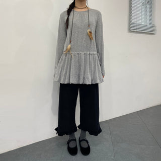 Ribbon Shirred Pumpkin Dress Tee Balloon Long T-shirt Layered Long Sleeve