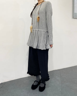 Ribbon Shirred Pumpkin Dress Tee Balloon Long T-shirt Layered Long Sleeve