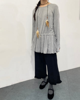 Ribbon Shirred Pumpkin Dress Tee Balloon Long T-shirt Layered Long Sleeve