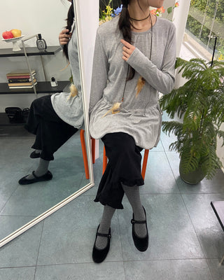 Ribbon Shirred Pumpkin Dress Tee Balloon Long T-shirt Layered Long Sleeve