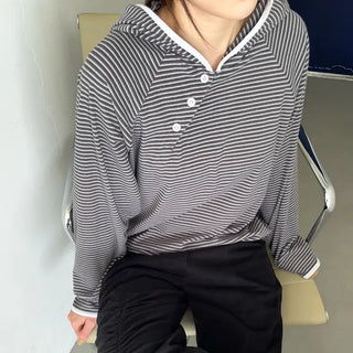 Diagonal Button Striped Hoodie Color Block Stripe Hoodie