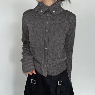 High-neck turtleneck snap button knit wool cardigan