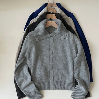 High-neck turtleneck snap button knit wool cardigan