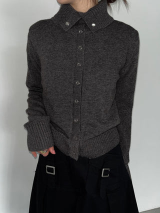 High-neck turtleneck snap button knit wool cardigan
