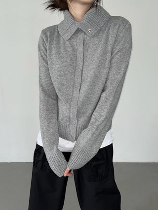 High-neck turtleneck snap button knit wool cardigan