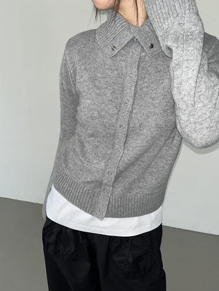 High-neck turtleneck snap button knit wool cardigan