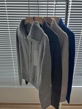 High-neck turtleneck snap button knit wool cardigan